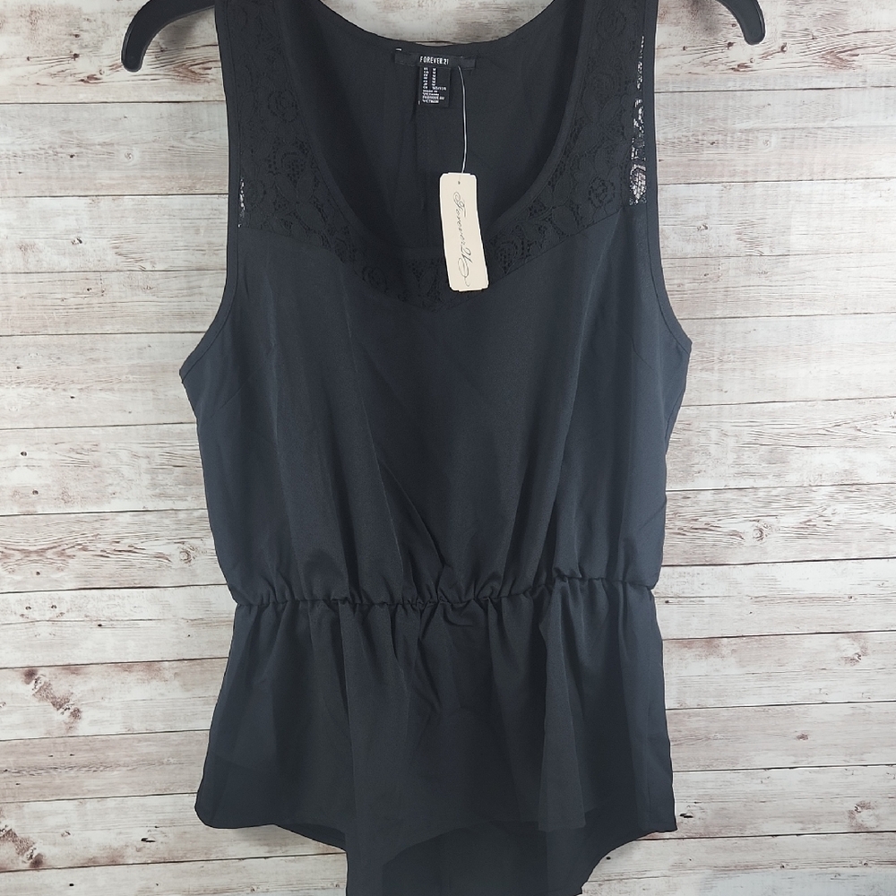 Forever 21, Women's Classic Black Top, Elastic Waist, Lace Upper, SZ M